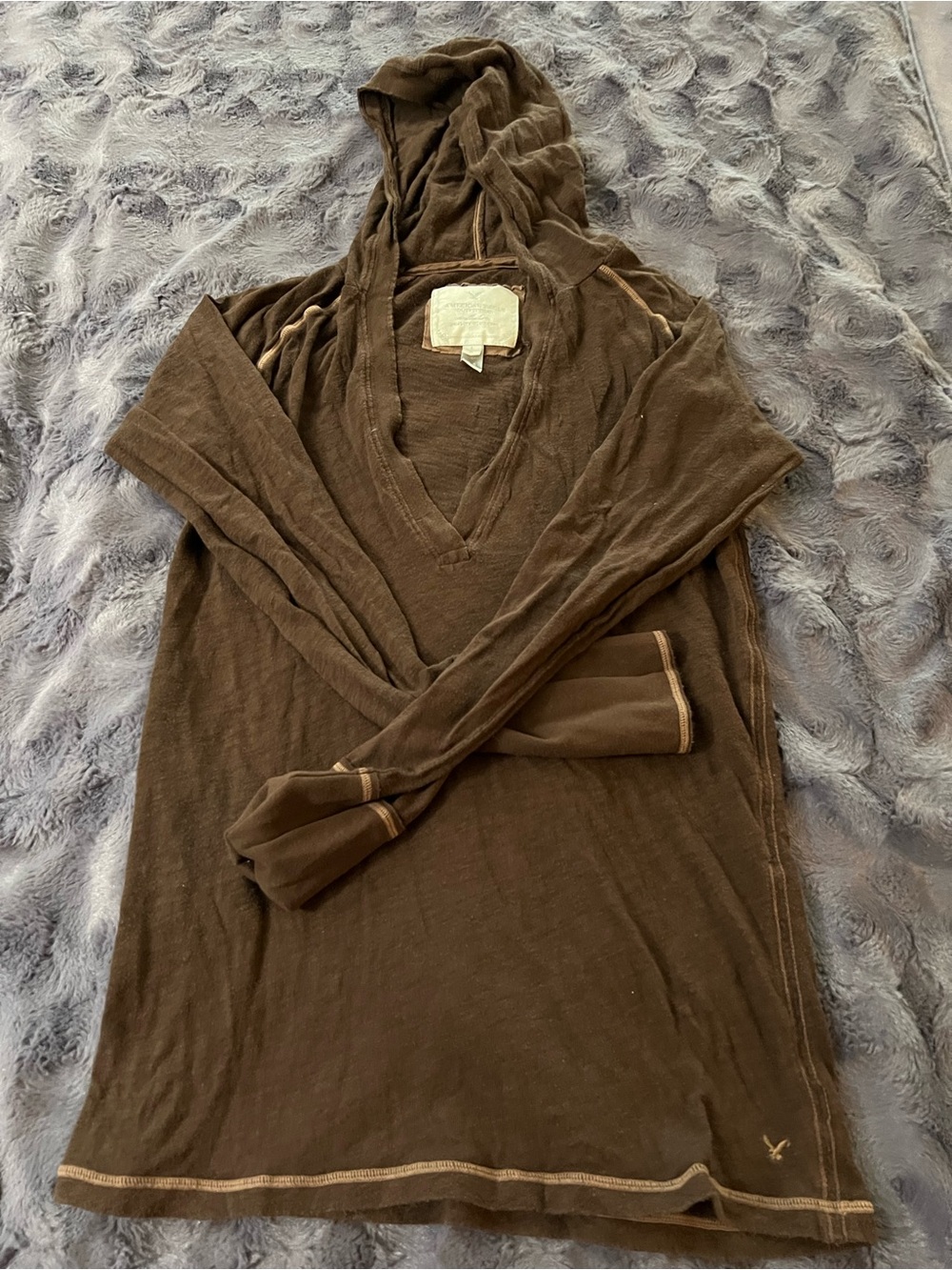 American Eagle Outfitters Brown Hooded V-Neck Long Sleeve Top